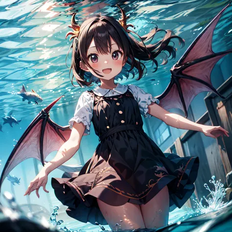 Dragon Girl　kawaii faces　Symmetrical Dragon Horn　symmetrical dragon wings　In the water　Cute Dresses　Dragons tail　short-hair　diving underwater　swimming pose