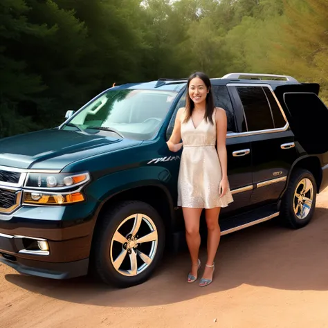 A blonde architect girl stands next to a black Chevrolet Tahoe gmt900 and smiles pixar style