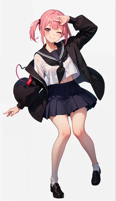 1girl in、A smile、The shirt、skirt by the、Light in the eyes、one eye closed、Wink、（small tits）Chilarism、Japan High School Student Uniform、serafuku、summer clothing、Squall Drenched Uniform、Sheer Bra、（Portrait from the knee up）、