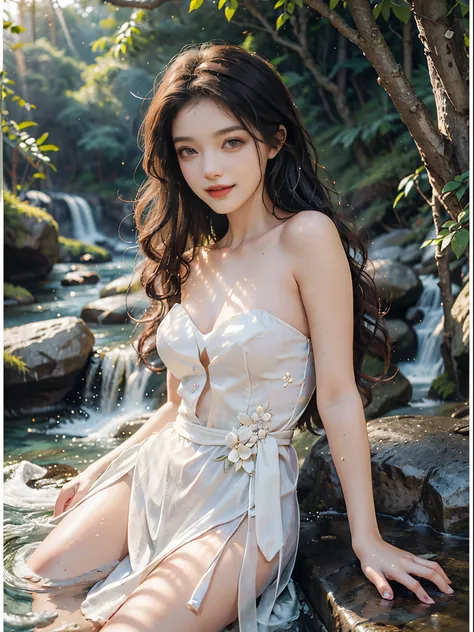 (best quality, masterpiece:1.2), ultra-detailed, (realistic:1.37), beautiful, youthful, glamorous model with (detailed eyes, detailed lips, extremely detailed eyes), Sweet girl clothes4,strapless dress,jewelry,sitting under a waterfall, sitting on a rock b...