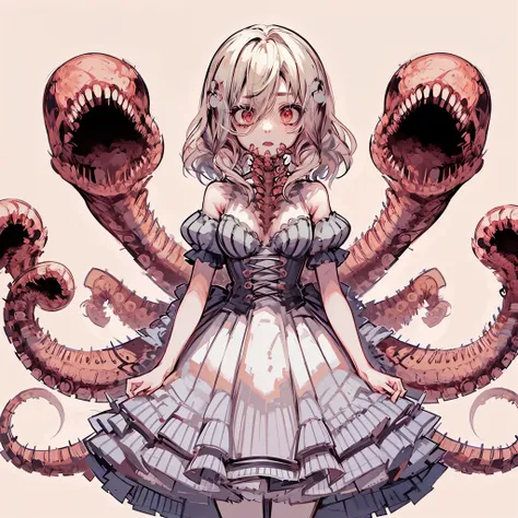 a girl with tentacles. her tentacles have mouths. the tentacles is designed like a spine. a girl in a dress.