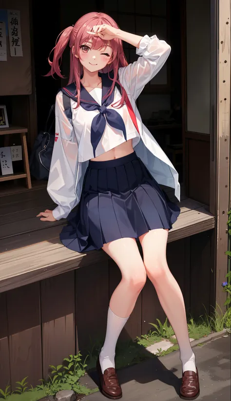 1girl in、A smile、The shirt、skirt by the、Light in the eyes、one eye closed、Wink、（small tits）Chilarism、Japan High School Student Uniform、serafuku、summer clothing、Squall Drenched Uniform、Sheer Bra、（Portrait from the knee up）、