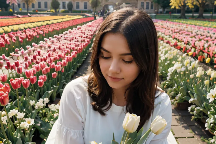 A girl in a beautiful tulip garden, with sunlight streaming through the flowers. (best quality,highres),vivid colors,bokeh,tulip,colorful petals,serene atmosphere,fresh spring breeze,peaceful setting,blooming flowers,natural beauty