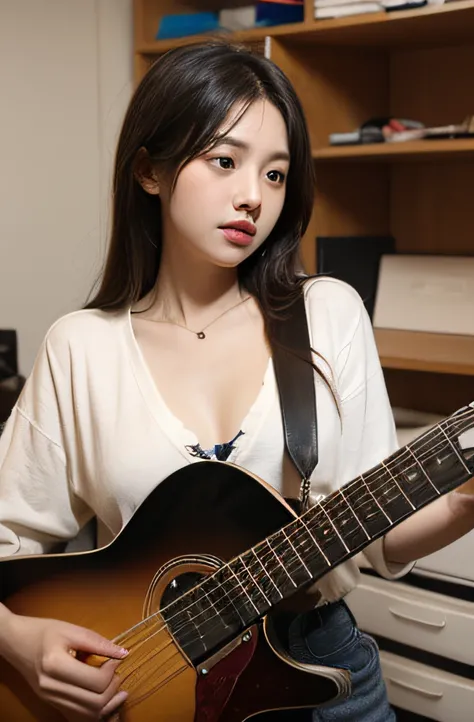 beaks, 1 busty girl, Alone, in the messy room, guitar,