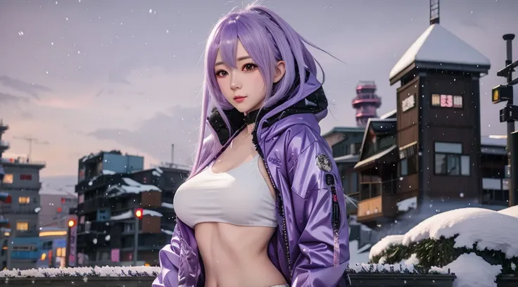 anime girl in purple jacket posing in snow covered city, artwork in the style of guweiz, seductive anime girl, anime style 4 k, anime style. 8k, cyberpunk anime girl, cyberpunk anime girl in hoodie, digital cyberpunk anime art, digital cyberpunk - anime ar...