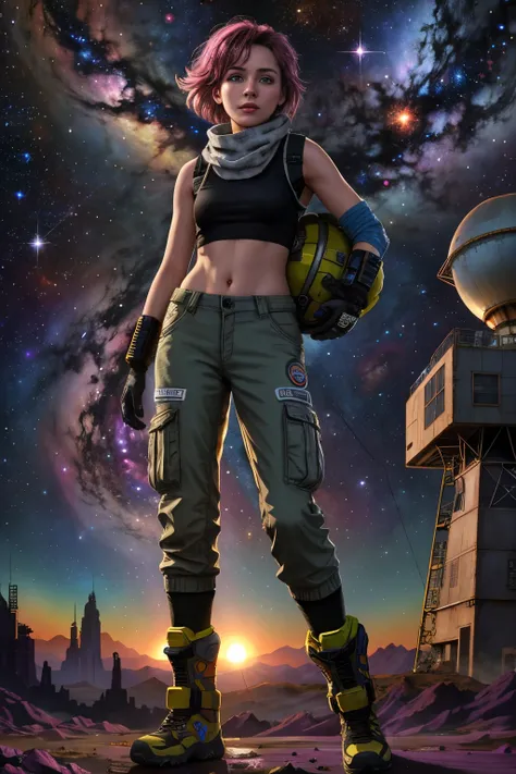 Gloria Dawn on Another planet, shabby Scavenger Outfit: Worn-out, dust-covered utility jacket, faded black tank top, cargo pants with patchwork repairs, sturdy scuffed combat boots, fingerless gloves, multipurpose scarf. lob hair by Keith Parkinson Galacti...