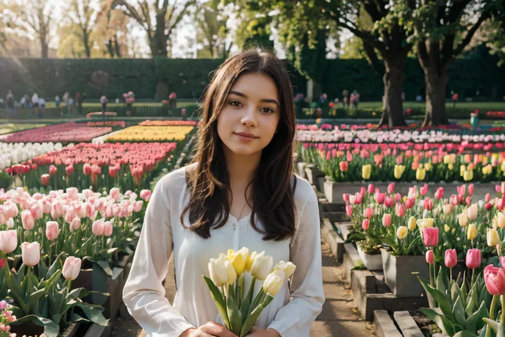 A girl in a beautiful tulip garden, with sunlight streaming through the flowers. (best quality,highres),vivid colors,bokeh,tulip,colorful petals,serene atmosphere,fresh spring breeze,peaceful setting,blooming flowers,natural beauty