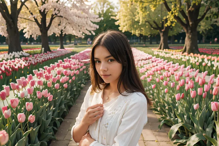 A girl in a beautiful tulip garden, with sunlight streaming through the flowers. (best quality,highres),vivid colors,bokeh,tulip,colorful petals,serene atmosphere,fresh spring breeze,peaceful setting,blooming flowers,natural beauty