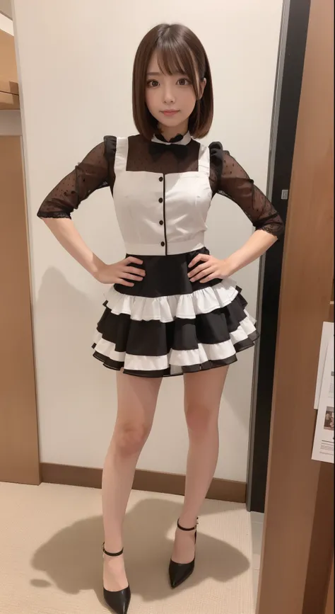 of the highest quality, Idol with slender body, front facing, Well-proportioned body, Exhibited, Event Hall, Moe Pose, Black Maid Dress, Standing with legs open, Hands on hips, Model body type