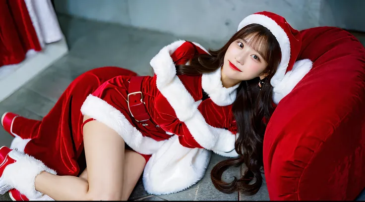 Cute female Santa Claus in a red miniskirt