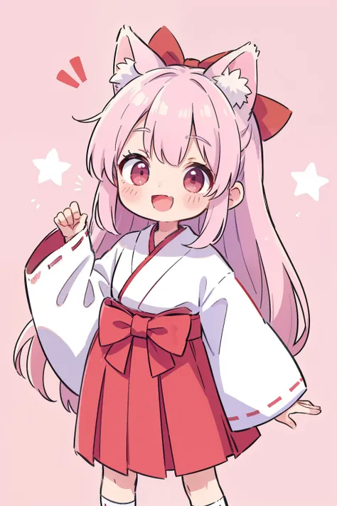 Shiina Yuka,1girl in,Virtual Youtuber,Animal ears,komono,Solo,Long hair,animal ear fluff,Skirt,shrine maiden,Hakama,ribbon-trimmed sleeves,Ribbon trim,Very long hair,Bangs,Smile,Hakama skirt,Kimono,Wide sleeves,Long sleeves,Pink background,White kimono,sle...