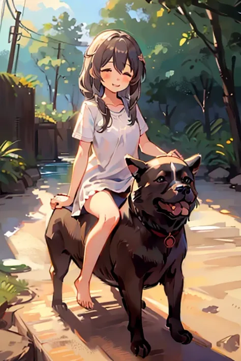 1girl, best quality, masterpiece, uzaki tsuki riding on a chocolate lab \(dog\) barefoot, smile, naked