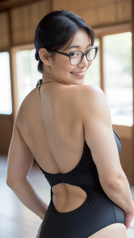 (Best Quality,4K,超A high resolution:1.2),(Mature Japan women, granny, Black hair,Glasses),(Big smile),(45-year-old woman),(wrinkled),(body  wrinkles),(acnes, Fine wrinkles, Detailed skin texture),(Huge breasts:1.4),(massive hips),(Black swimsuit),(hands be...