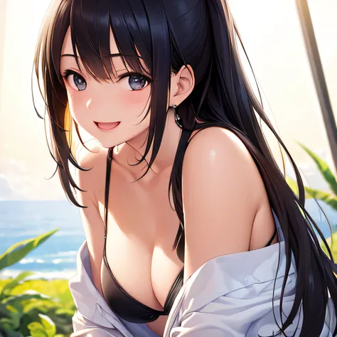 photographrealistic, (masutepiece,Best Quality:1.4),(8K,Raw photo,photographrealistic:1.2), Detailed skin,Detailed face,1girl in,Japanese Idol,Cute face, Black hair,slender, shiny eyes, Smile, BREAK (Side view:0.6), Cute Bikini, Laughing