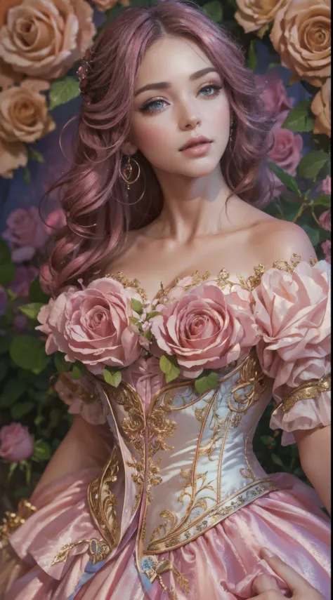 this is a realistic fantasy art work，the backdrop is a charming pastel bubblegum and rose garden. create a proud woman，her face ...