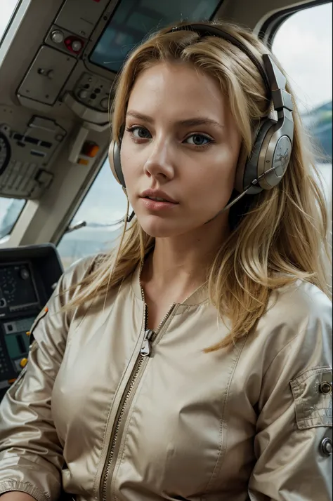 show me a 21 year old girl, blonde hair, wearing a flight suit and headset, piloting a helicopter, midday lighting, pouting lips, focused, candid shot, blonde, she looks like a mix between angelina jolie and scarlett johanssen