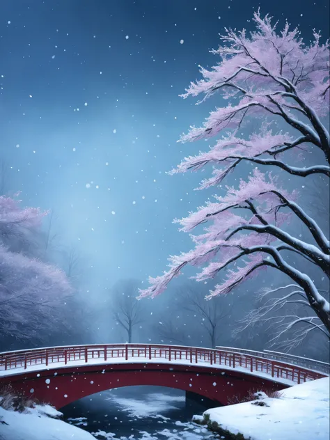 Snow scene with a bridge and a tree with red plum blossoms, winter concept art, beautiful digital artwork, background artwork, illustration! , beautiful artwork, winter scene fantasy, beautiful digital painting, winter painting, beautiful artwork illustrat...