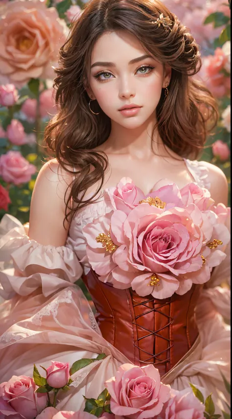 this is a realistic fantasy art work，the backdrop is a charming pastel bubblegum and rose garden. create a proud woman，her face ...