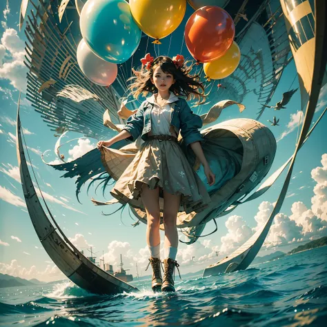 A girl standing on a flying house with a lot of balloons in her hand and a sea below. --auto --s2