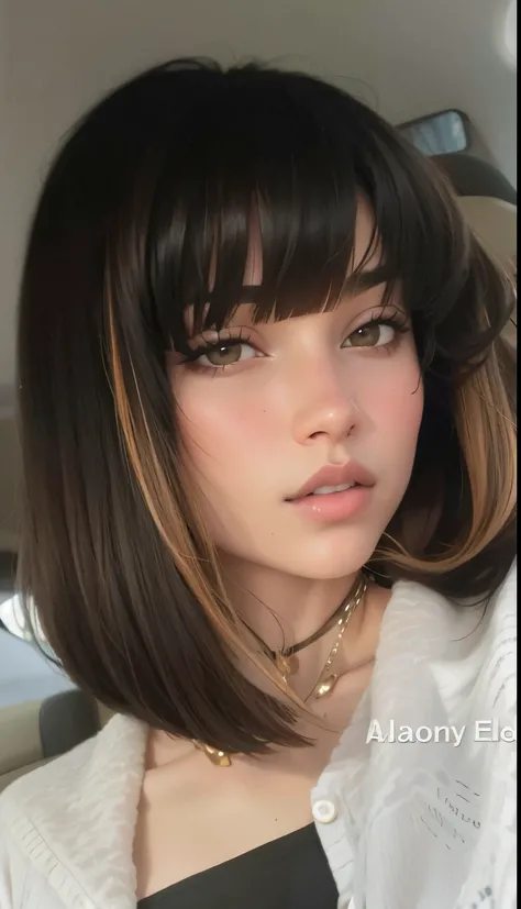 Mujer arafed con corte bob y collar en un coche., brunette with dyed blonde hair, brown hair and bangs, auburn hair with bangs, Ella tiene el pelo negro con flequillo, Cabello limpio con flequillo, flequillo recto, con flequillo, flecos rectos, flequillo d...