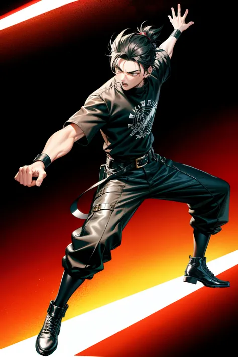 Teenage boy, hair up like a rooster, Wearing black clothes, fighting stance, full body, Black hair