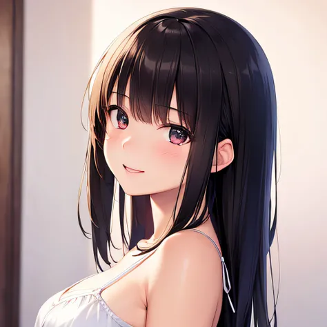 photographrealistic, (masutepiece,Best Quality:1.4),(8K,Raw photo,photographrealistic:1.2), Detailed skin,Detailed face,1girl in,Japanese Idol,Cute face, Black hair,slender, shiny eyes, Smile, BREAK (Side view:0.6), Cute camisole, pastel color