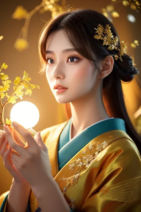 close-up of a woman holding a tree branch in her hands, digital art inspired by jinnon, trending on cg society, digital art, jap...