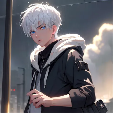 kk, best quality, more details, masterpiece, 1boy, boy, portrait, male focus, blue eyes, solo, fringe, looking at viewer, hood, ...