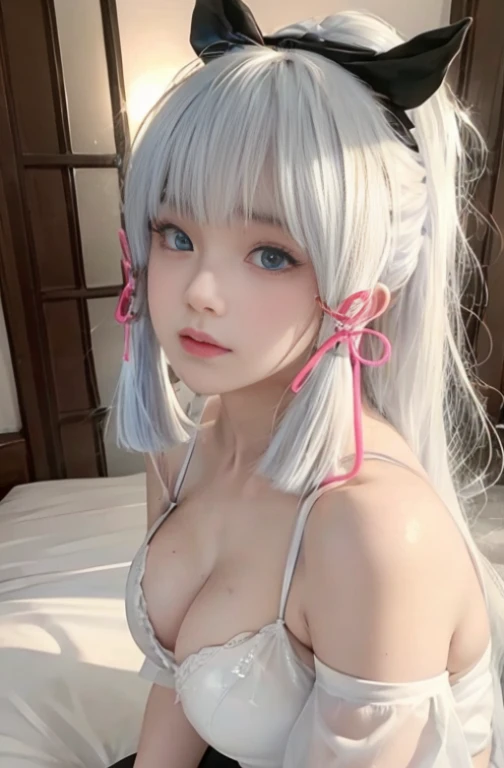 ayaka, Wet, (Best quality,4K,8K,A high resolution,tmasterpiece:1.2),ultra - detailed,(actual,realistically,realistically:1.37), White hair, huge boob，Colossal tits，blue colored eyes, Black transparent bra，Black panty,Wet panties， bare-legged，Lie down in be...