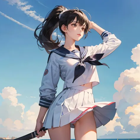 1girl in,A girl wearing a sailor suit and holding a bat,Very cute,ssmile,Ponytail fluttering in the wind,lustrous dark hair,Accurately drawn face,Slender but big breasts,thin and beautiful raw legs,tre anatomically correct,Grip a baseball bat with precise ...