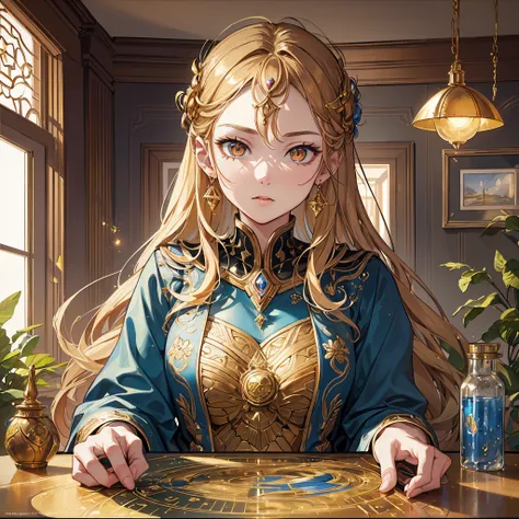 (the golden ratio,On a table, Best quality, Best quality at best, Beautiful and beautiful:1.2), The content is very detailed, Colorful,highest details, (Adults,19years old,1 girl in, Alone,jewely,contempt eyes