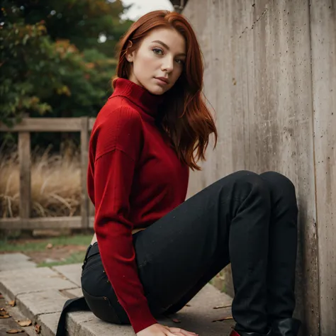 araffe red hair woman sitting on a fence in a red sweater and black boots, 25 year old woman, wearing a red turtleneck sweater, perfectly poised, casual pose, wearing a red outfit, attractive pose, shot from the side, thoughtful pose, full length shot, str...