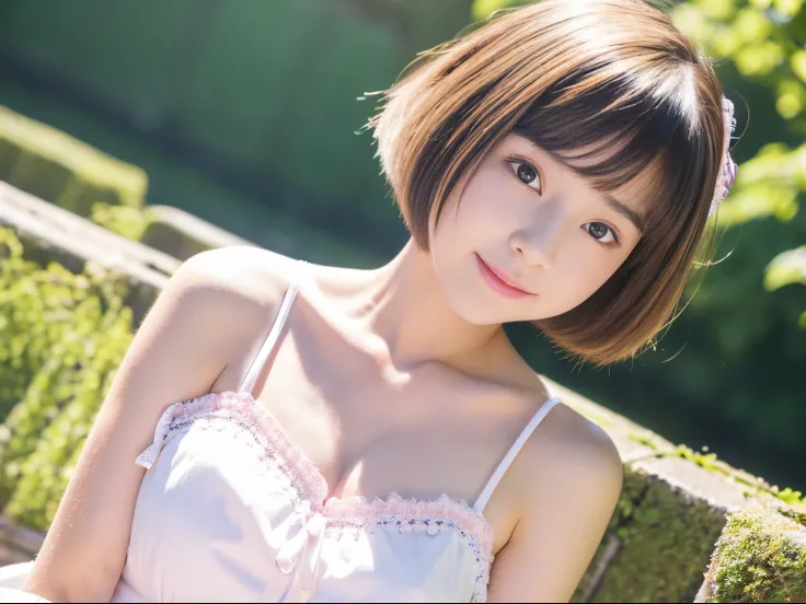 14 year old cute Japan girl in white camisole、Crystal clear white skin、pale pink cheeks,、Bust Up Portrait、short-hair、Looking at the camera、鎖骨、High-angle camera shooting