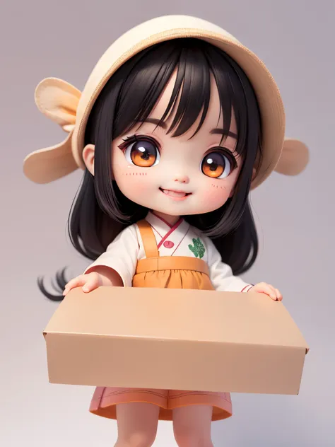 Illustration of a cute Asian baby holding a gift box.. Girl, The eyes are large and have double eyelids.. smiling. Only the upper body appears, The background is white.