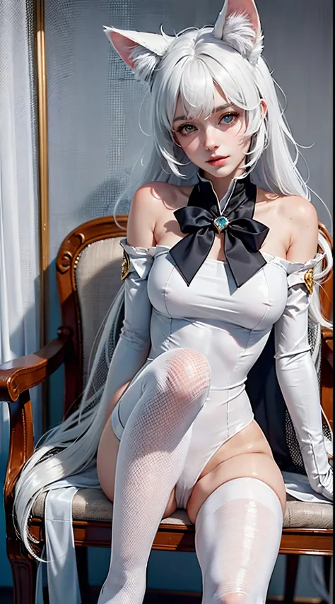 There is a woman sitting on a chair，Wearing cat ears, smooth white tight clothes suit, trending at cgstation, White Cat Girl, Attractive cat girl, very beautiful cute catgirl, Anime girl cosplay, anime barbie in white stockings, ultrarealistic sweet bunny ...