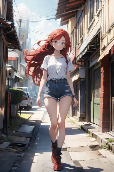 1girl, long red hair, blue eyes, wearing a plain white shirt, denim shorts, city, absurdres, high res, ultrasharp, 8K, masterpiece, full body, looking at viewer, zoom out 1.5x