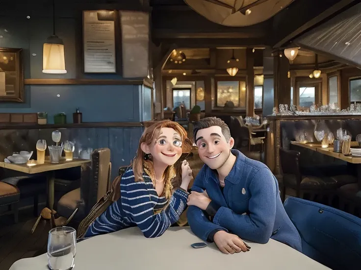 there are two people sitting at a table in a restaurant, happy couple, a portrait, photo taken in 2 0 2 0, taken in the early 2020s, standing in a restaurant, having an awkward dinner date, looking happy, in a pub, slightly blurred, vacation photo, photo p...