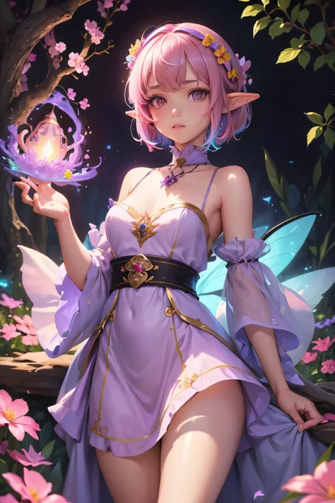 "(best quality,highres,masterpiece:1.2),Fairy Wizardess with Elf ears,soft pink,fairytale atmosphere,short hair with flowers,enchanted purple flower dress,vivid colors,magical lighting"