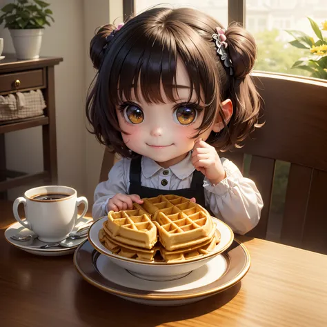 ​masterpiece、top-quality、ultra-detailliert、(Chibi Charas Daughter:1.2)、green bob、(waffle:1.2)Eat、Multiple waffles on Noritake plate、Coffee Cup、A smile、Renaissance dresses、