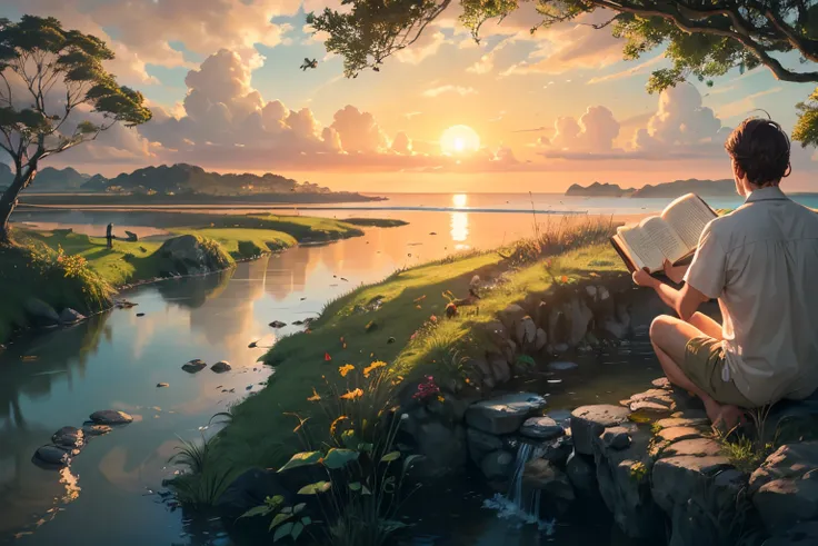 stone parapet with a man in shorts and a beach shirt reading a book with his back turned, surrounded by vegetation below with medium trees where a stream runs that flows into the ocean, with a sunset background in orange tones and an eagle perched next to ...