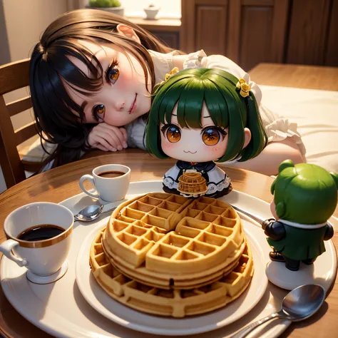 ​masterpiece、top-quality、ultra-detailliert、(Chibi Charas Daughter:1.2)、green bob、(waffle:1.2)eats、table、Multiple waffles on a plate of Noritake、Coffee Cup、A smile、Renaissance dresses、