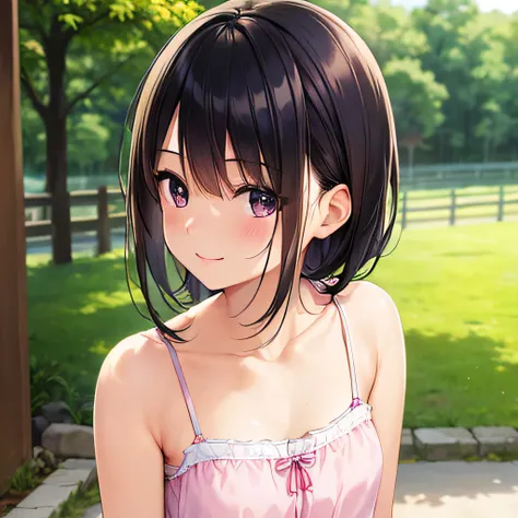 photographrealistic, (masutepiece,Best Quality:1.4),(8K,Raw photo,photographrealistic:1.2), Detailed skin,Detailed face,1girl in,Japanese Idol,Cute face, Black hair,Small breasts, slender, shiny eyes, Smile, BREAK (Side view:0.6), Cute camisole, pastel col...