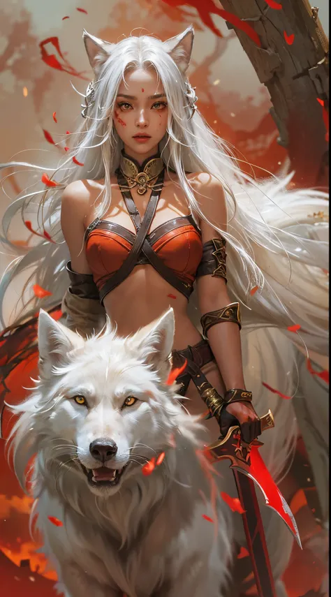 shockingly beautiful exotic tanned female kitsune barbarian walking toward the camera, slim fit slender toned lean, very muscula...