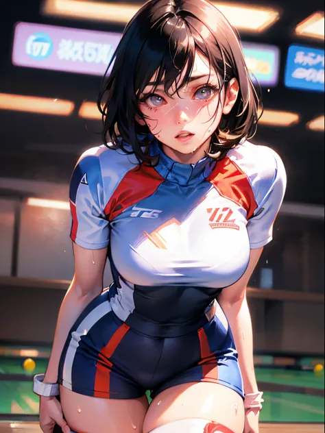 Best Quality, masutepiece,  High resolution, (Anime Heroine Illustration), Anime Paint, 1beautiful girl ,Dynamic Angle,female bowling athlete ,small head,Large breasts,nice legs, Glowing skin, Sweat,At the bowling venue ,Detailed beautiful face,Large eyes,...