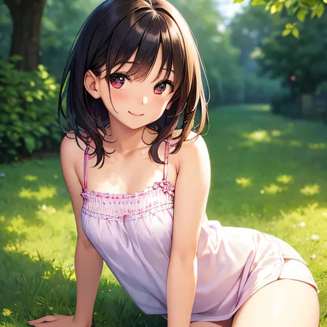 photographrealistic, (masutepiece,Best Quality:1.4),(8K,Raw photo,photographrealistic:1.2), Detailed skin,Detailed face,1girl in,Japanese Idol,Cute face, Black hair,Small breasts, slender, shiny eyes, Smile, BREAK (Side view:0.6), Cute camisole, pastel col...