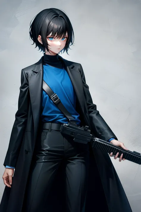 girl, Short black hair, long black coat, pants, gun in hand, monster, blue shirt