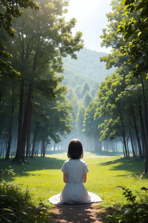 behind of a sitting girl (white dress) (forest) (view from behind) (back of girl) (sit on ground)