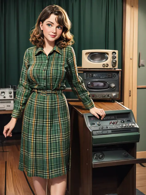 woman in green and black plaid shirt standing in front of a radio, colorized photo, color studio portrait, colourized, a colorized photo, cozy 1 9 5 0s, dressed like in the 1940s, colorized, colorized background, colorized photograph, restored color, portr...