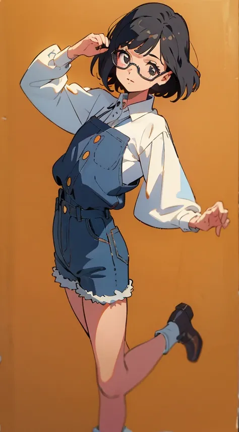 Menina , pose in various positions , fundo branco, estilo livro ilustrado infantil,simples,fofo,6 anos,Cor brilhante,cabelo preto curto,pele clara,camisa de manga comprida,denim shorts,With eye Glasses