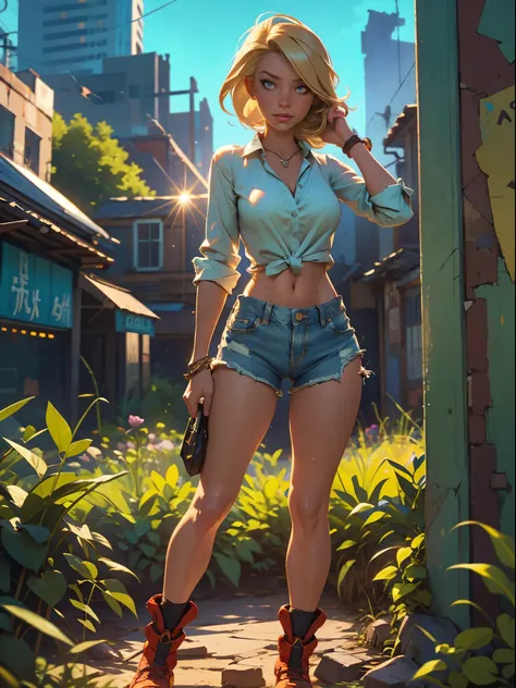 2076 year. the urban ruins of the wasteland, female huntress picking fruit in the garden, beautiful face, blonde, badly torn shi...